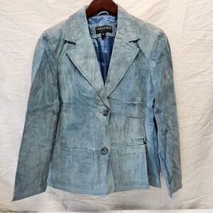 Bernardo Suede Blazer Womens 14 Blue Scalloped Laser Cut Leather Jacket